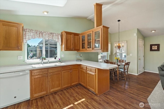 23825 15th Ave SE Unit 180, Bothell, WA 98021 - kitchen with vaulted ceiling with beams, a sink, white dishwasher, dark wood-type flooring, and a peninsula