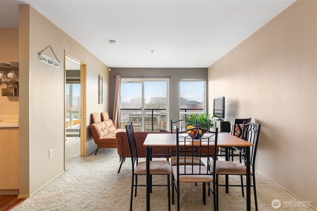dining room featuring baseboards and carpet