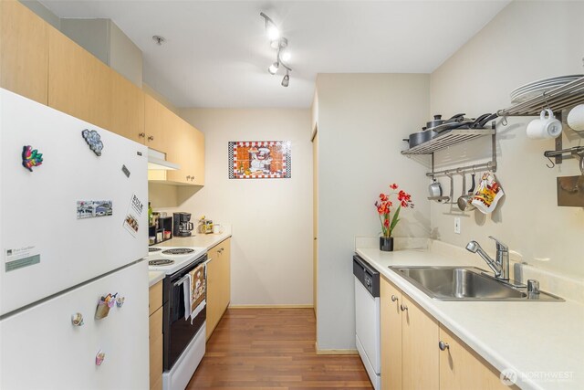 kitchen with wood finished floors, white appliances, light countertops, under cabinet range hood, and a sink