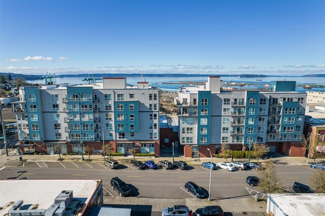 drone / aerial view with a water view