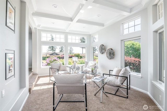 sunroom / solarium with beamed ceiling and coffered ceiling