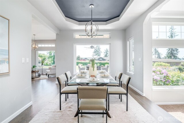 dining space with a tray ceiling, a chandelier, wood finished floors, and baseboards