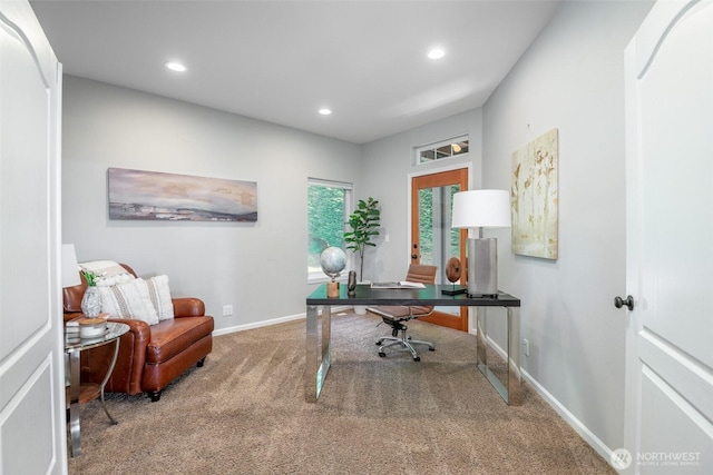 carpeted office featuring baseboards and recessed lighting