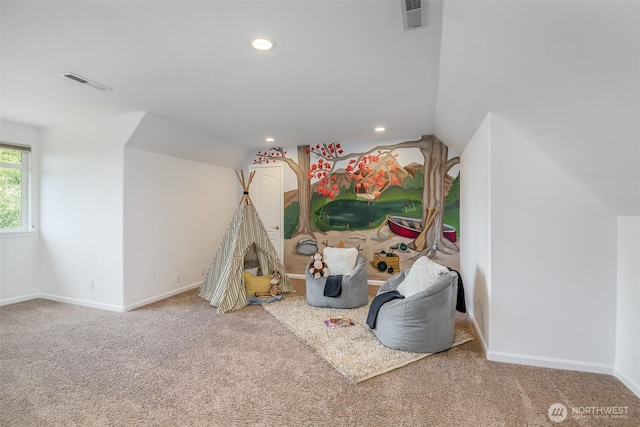 recreation room featuring lofted ceiling, carpet, baseboards, and recessed lighting
