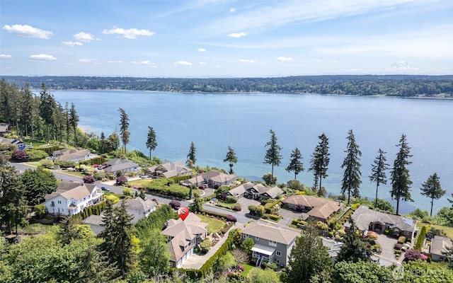 aerial view of residential area featuring a large body of water