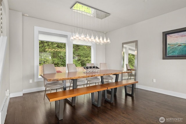 dining room with dark wood-style flooring, baseboards, and a wealth of natural light