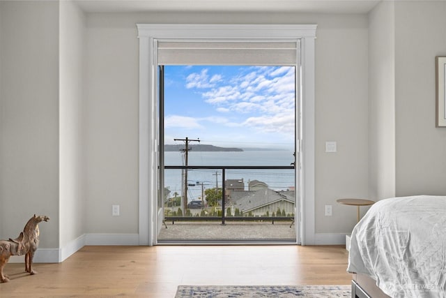 bedroom featuring baseboards, wood finished floors, and access to exterior