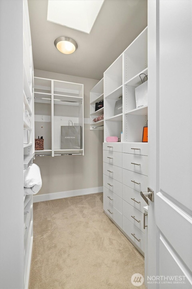 walk in closet with light carpet