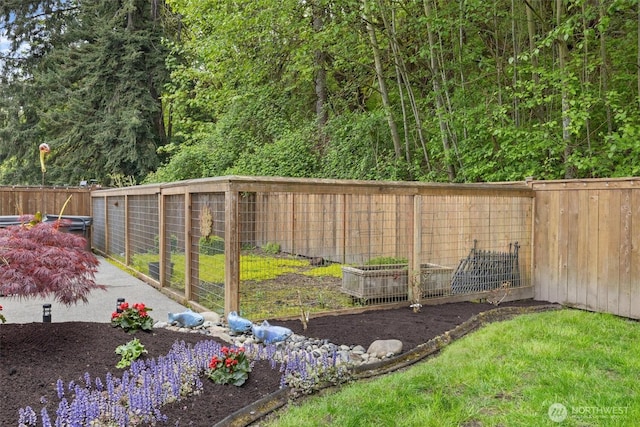 view of yard with a fenced backyard and a garden