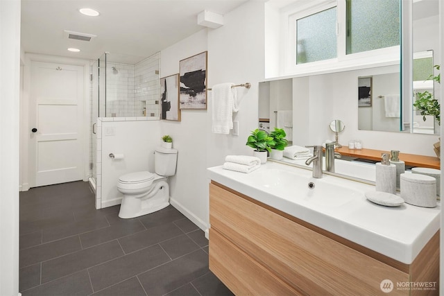 8207 39th Ave NE, Seattle, WA 98115 - full bathroom with toilet, a shower stall, baseboards, tile patterned floors, and vanity