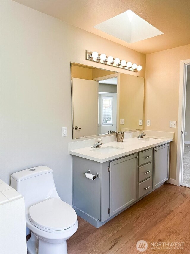 full bathroom featuring wood finished floors, a skylight, and a sink