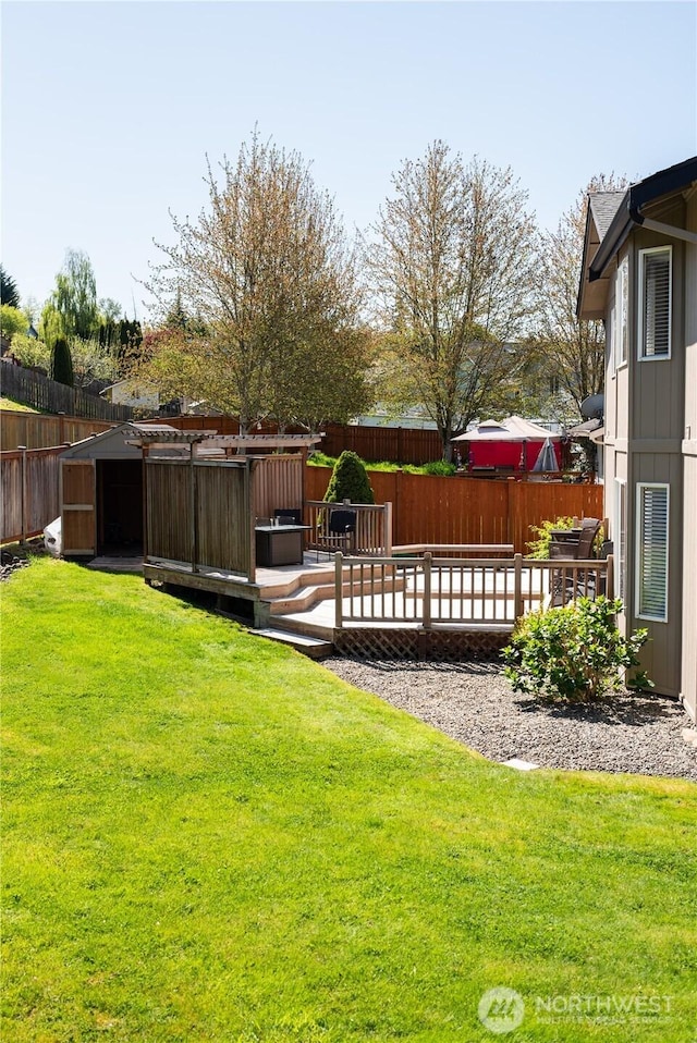 view of yard featuring a wooden deck and a fenced backyard