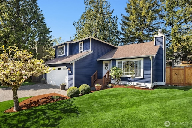 tri-level home featuring a garage, a front lawn, fence, a chimney, and driveway