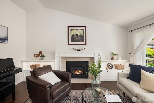 living room featuring a glass covered fireplace, dark wood-style floors, and lofted ceiling