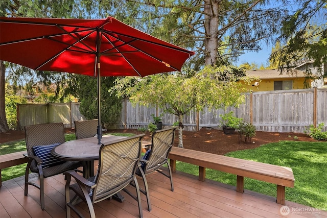 wooden deck featuring a fenced backyard and outdoor dining space
