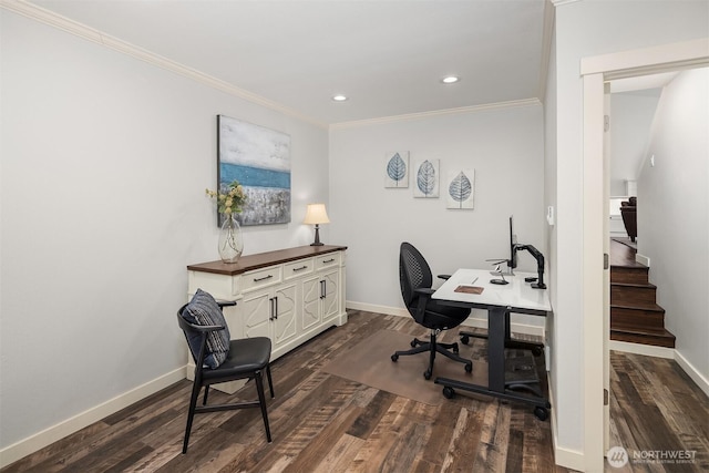 home office with baseboards, dark wood-style floors, and ornamental molding