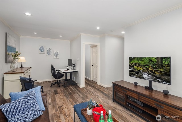 home office with recessed lighting, ornamental molding, baseboards, and wood finished floors