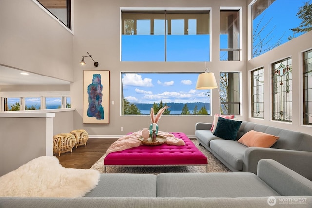 5340 W Mercer Way, Mercer Island, WA 98040 - living area featuring wood finished floors, a towering ceiling, baseboards, and healthy amount of natural light