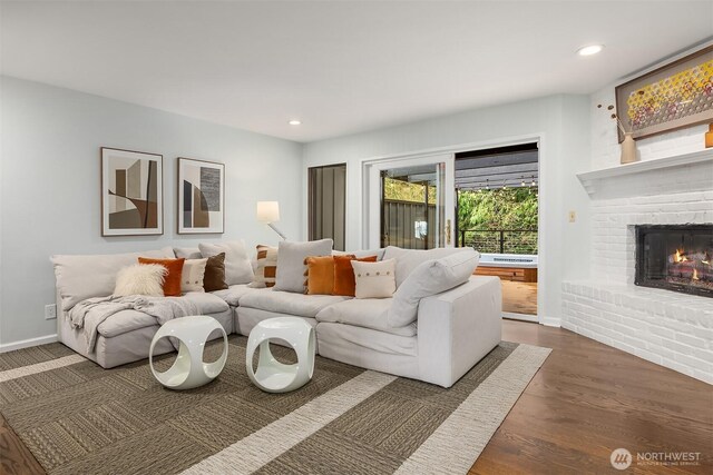 5340 W Mercer Way, Mercer Island, WA 98040 - living area featuring a brick fireplace, baseboards, wood finished floors, and recessed lighting