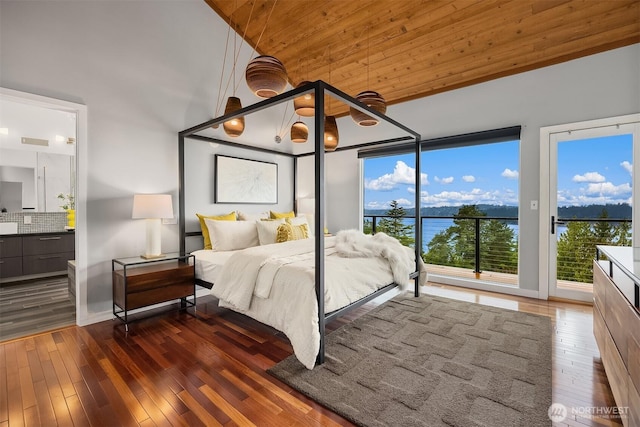 5340 W Mercer Way, Mercer Island, WA 98040 - bedroom featuring high vaulted ceiling, hardwood / wood-style floors, wood ceiling, and access to exterior