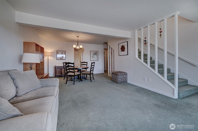 3142 Sahali Dr NE, Bremerton, WA 98310 - living room featuring stairway, carpet floors, a chandelier, and baseboards