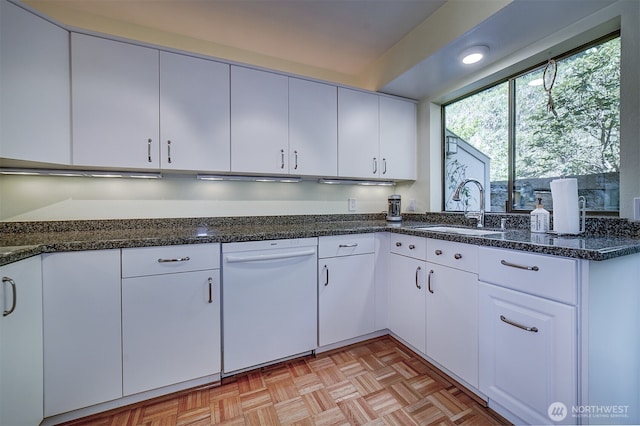 3142 Sahali Dr NE, Bremerton, WA 98310 - kitchen featuring white dishwasher, dark stone counters, white cabinetry, and a sink