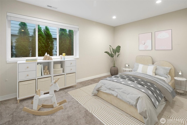 carpeted bedroom featuring visible vents, recessed lighting, and baseboards
