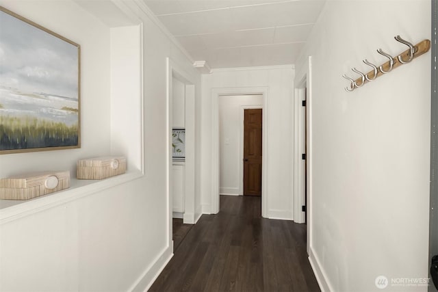 hall with baseboards, ornamental molding, and dark wood-type flooring