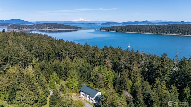 bird's eye view featuring a water and mountain view and a wooded view