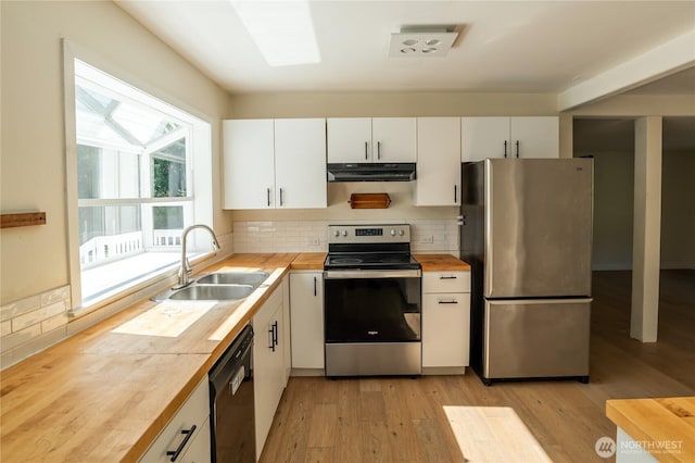 kitchen featuring light wood-style flooring, a sink, under cabinet range hood, wooden counters, and appliances with stainless steel finishes