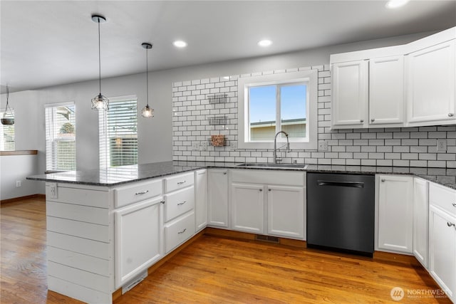 1509 Seahawk Dr, Ferndale, WA 98248 - kitchen featuring backsplash, dishwasher, a sink, a peninsula, and white cabinetry
