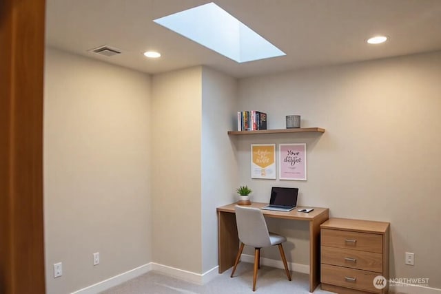1509 Seahawk Dr, Ferndale, WA 98248 - home office with light colored carpet, recessed lighting, baseboards, a skylight, and visible vents