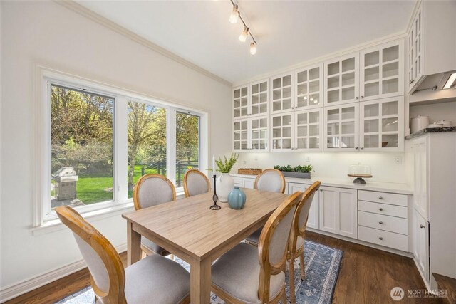 10117 NE Kitsap St, Bainbridge Island, WA 98110 - dining room with ornamental molding, dark wood-type flooring, and track lighting