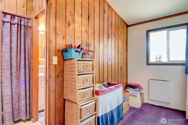 mudroom featuring carpet floors, wood walls, and heating unit
