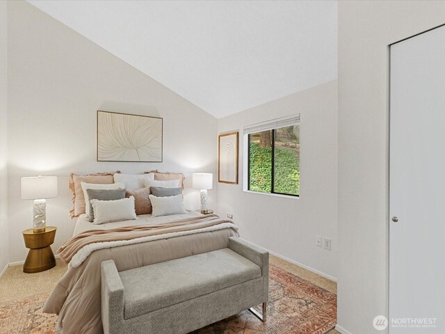 carpeted bedroom featuring baseboards and lofted ceiling