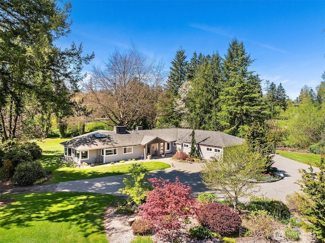 view of front of home featuring curved driveway, a chimney, and a front lawn