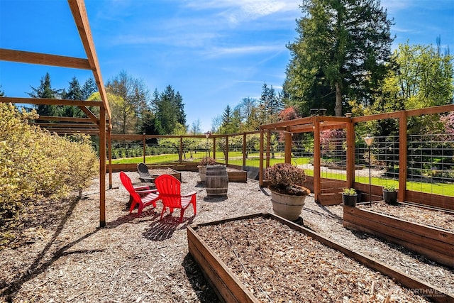 view of patio with a vegetable garden and fence
