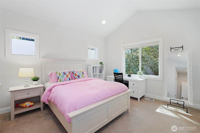 bedroom with light colored carpet, visible vents, vaulted ceiling, baseboards, and recessed lighting