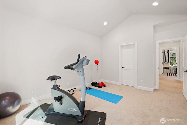 exercise room featuring baseboards, carpet, vaulted ceiling, and recessed lighting