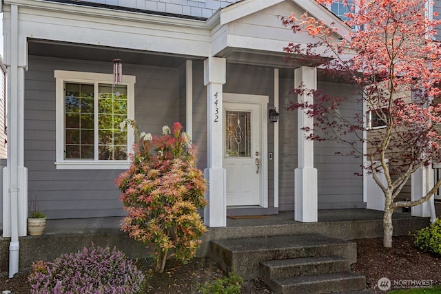 view of exterior entry featuring a porch