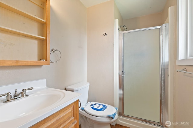 bathroom with a stall shower, toilet, and vanity