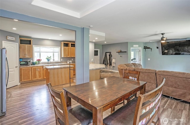 1332 SE Fireweed Rd, Shelton, WA 98584 - dining space with light wood-style flooring, a ceiling fan, and recessed lighting