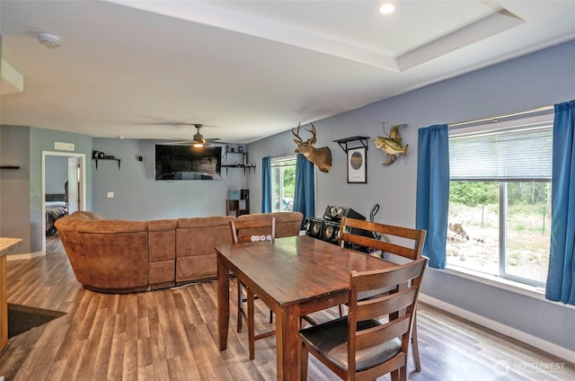 1332 SE Fireweed Rd, Shelton, WA 98584 - dining room featuring wood finished floors, baseboards, ceiling fan, and recessed lighting