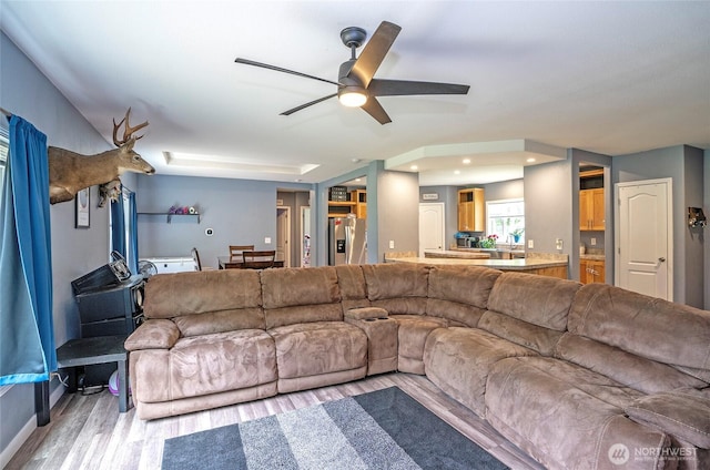 1332 SE Fireweed Rd, Shelton, WA 98584 - living room featuring a ceiling fan, light wood-style floors, baseboards, and recessed lighting