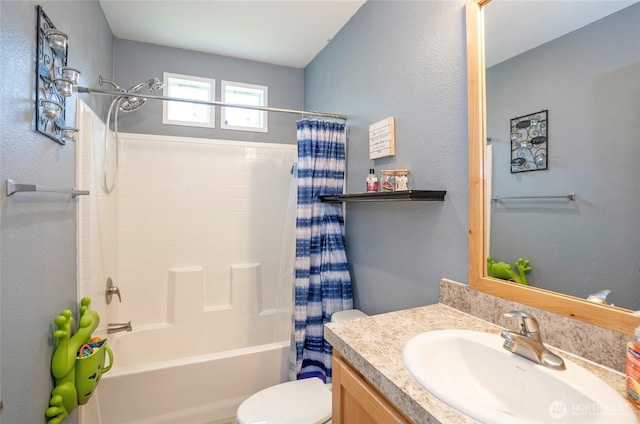 1332 SE Fireweed Rd, Shelton, WA 98584 - bathroom with toilet, vanity, and shower / bathtub combination with curtain