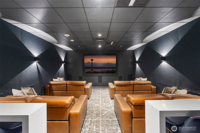 home theater featuring visible vents, carpet, and recessed lighting
