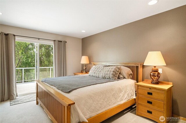 bedroom featuring recessed lighting, access to exterior, and light carpet