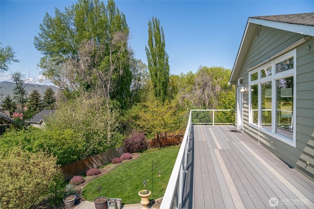wooden deck with a lawn and fence