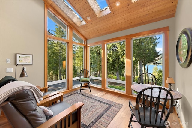 3445 S Bay Dr, Sedro Woolley, WA 98284 - sunroom featuring plenty of natural light, lofted ceiling with skylight, wood finished floors, and wooden ceiling
