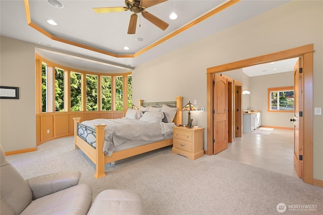 3445 S Bay Dr, Sedro Woolley, WA 98284 - bedroom featuring light carpet, recessed lighting, baseboards, a ceiling fan, and visible vents